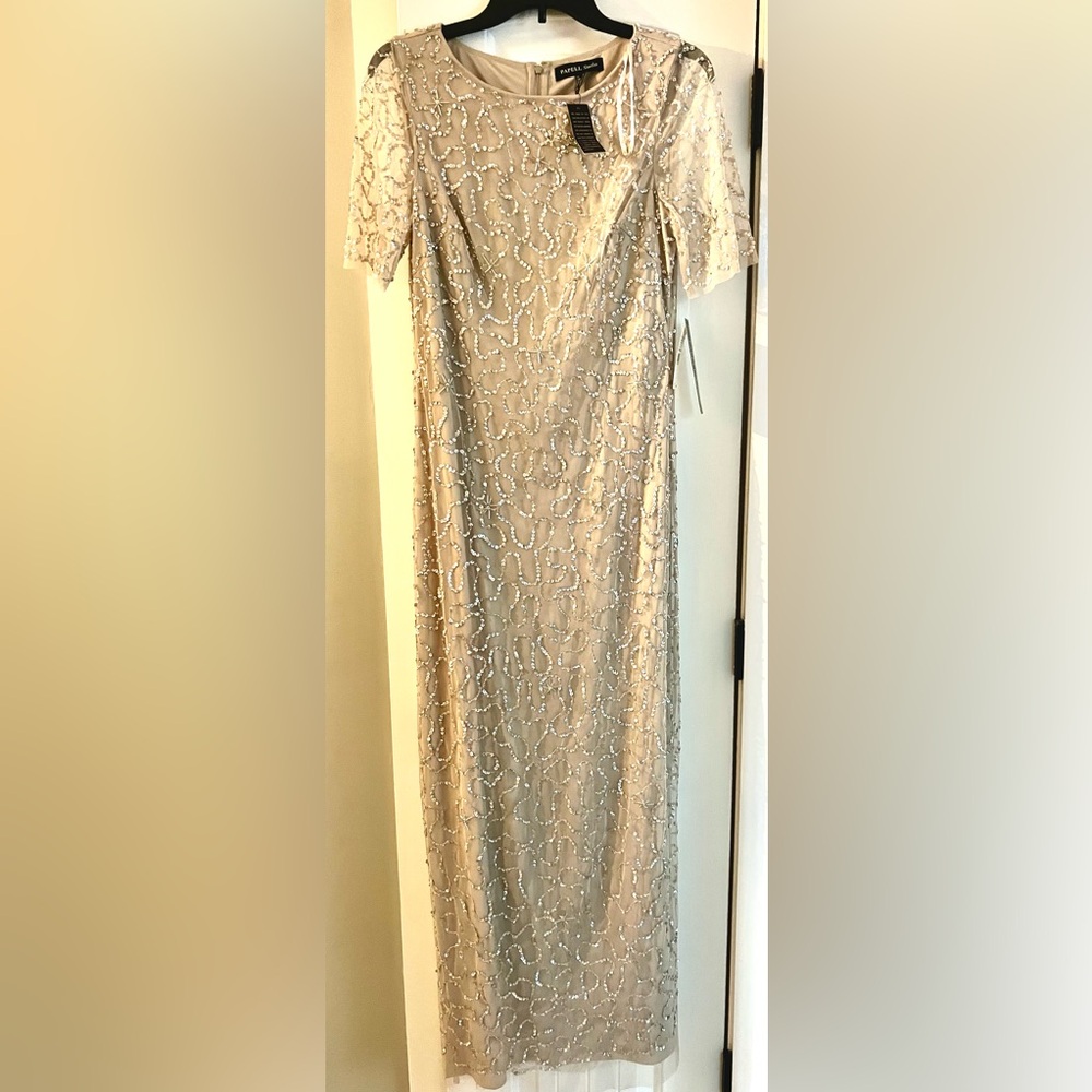Adrianna Papell Taupe Beaded Maxi Dress with Silver Accents